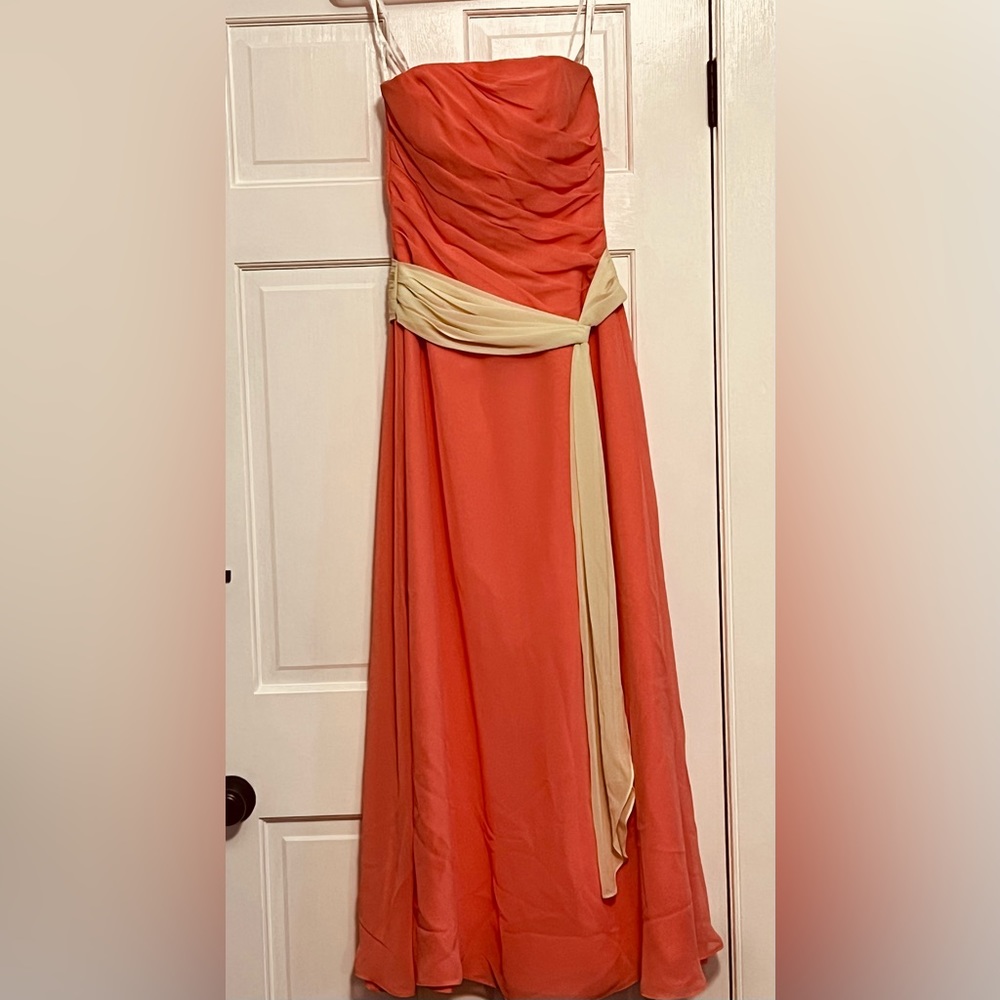 B2 Formal Strapless Dress. Peach & Light Green. Ruched top. Size 6.